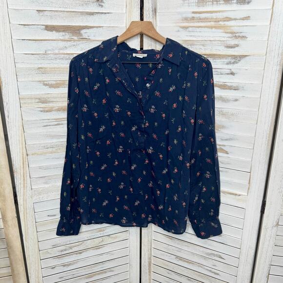 SUNDANCE Women's Large Floral Poppy Bloom Bounce Cotton Popover Button Top Navy - Picture 12 of 14